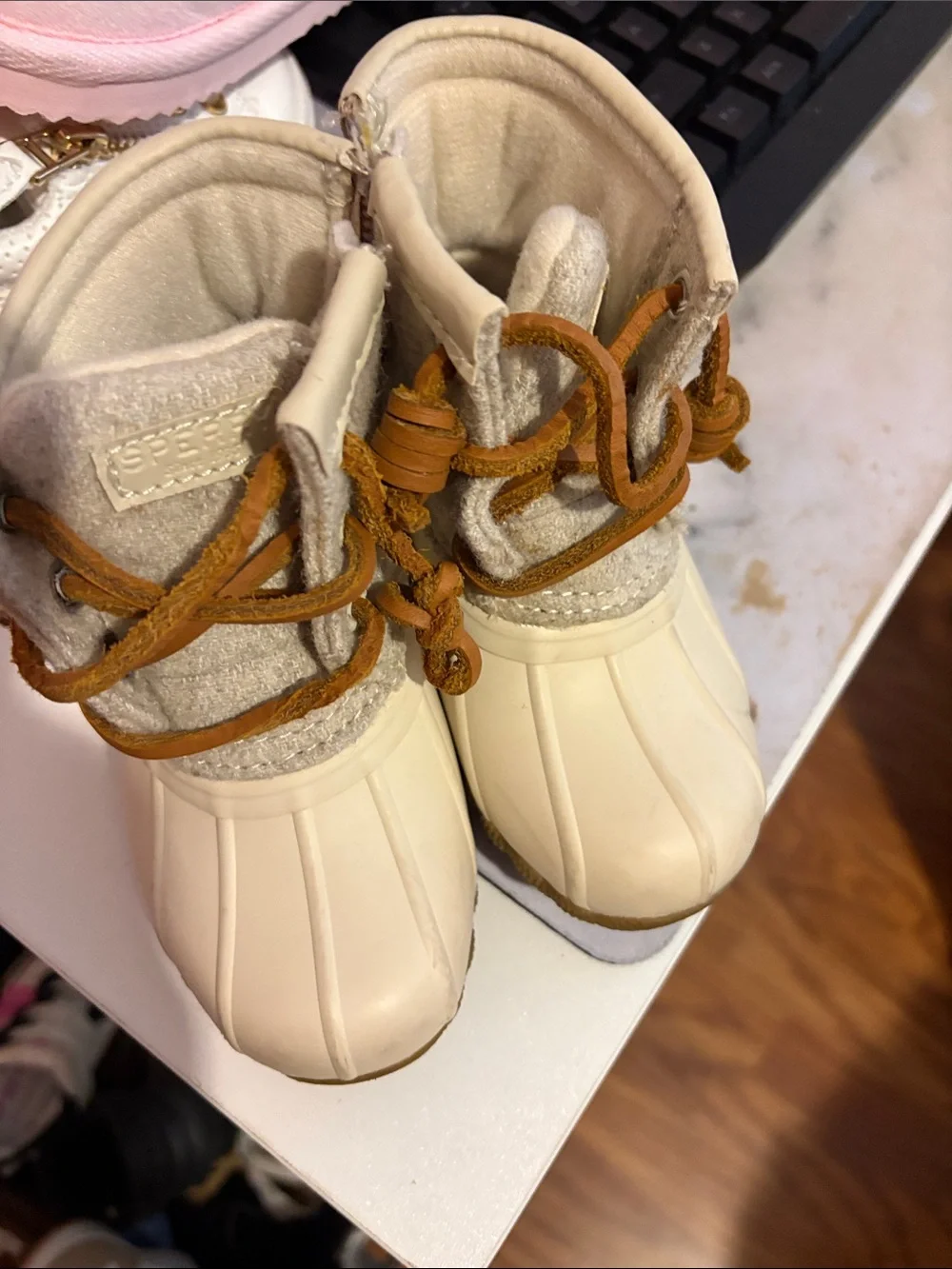 Sperry Cream and Tan Kids Duck Boots
